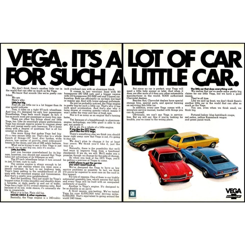 1971 Chevy Vega Lineup 2 Page Vintage Print Ad Wagon Coupe Fastback Wall Art